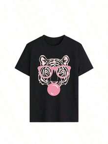 1 Piece. New Summer 2026 Collection, Green Short-Sleeved T-Shirt With A Round Neck, Casual Style, Loose And Versatile, With A Bubble And Tiger Mouth Print, For Women, Ideal For Vacations And Everyday Wear. 100% Cotton, 180g. - 黑色 - 查看 3