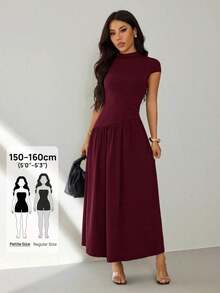 Vestido casual largo plisado de manga abullonada y cuello alto en unicolor para mujer, de verano - Rojo violeta - Ver 1