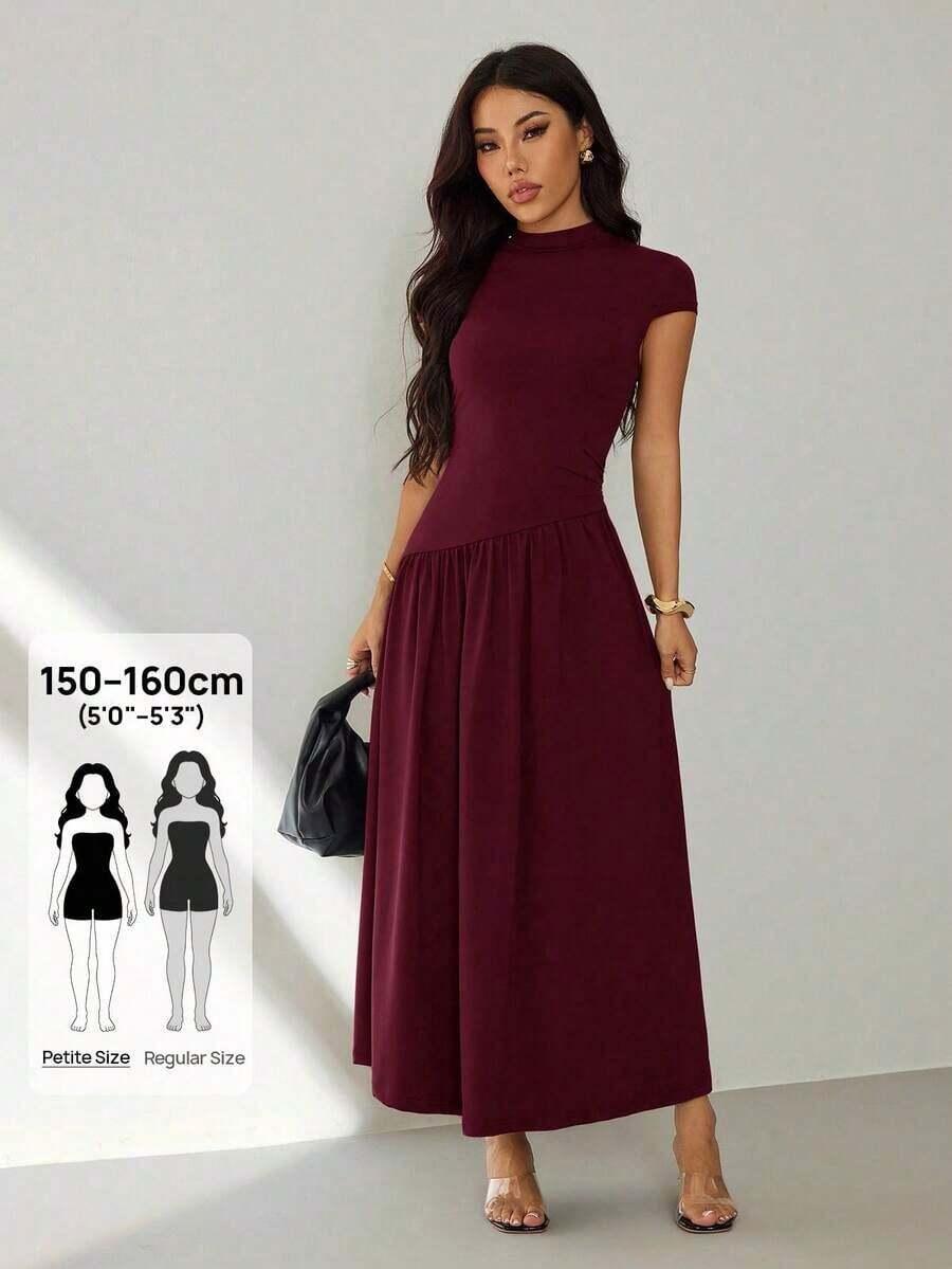 Vestido casual largo plisado de manga abullonada y cuello alto en unicolor para mujer, de verano - Rojo violeta - Ver 1