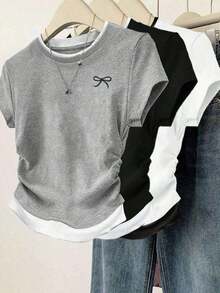 Set de 3 camisetas de mujer de manga corta, cuello redondo, unicolor, con detalle de volantes y estampado de mariposa, de estilo casual y slim para el verano - Multicolor 4 - Ver 6