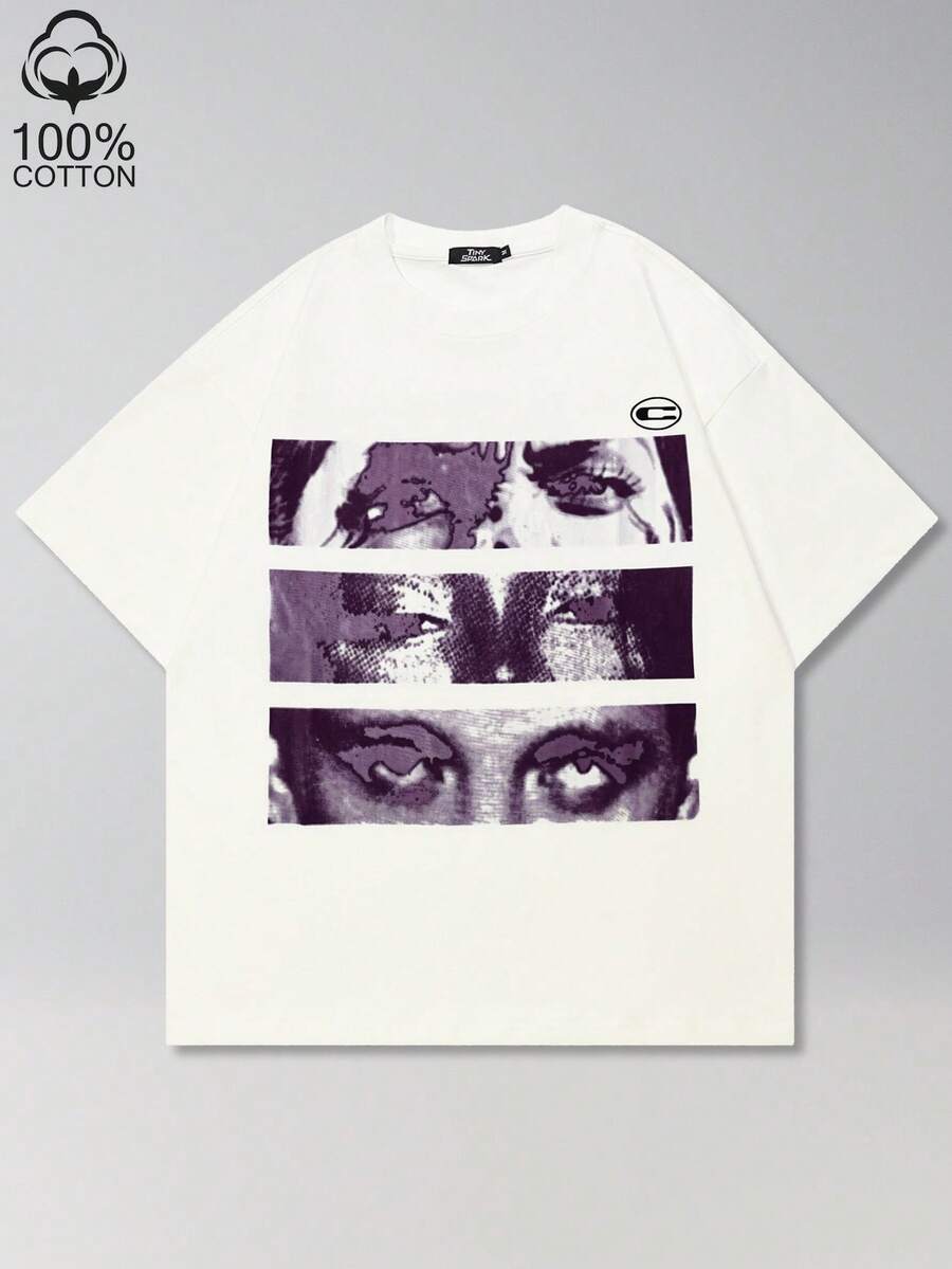 Tiny Spark Men's Eye Print Round Neck Loose Casual Short Sleeve T-Shirt - White - View 1