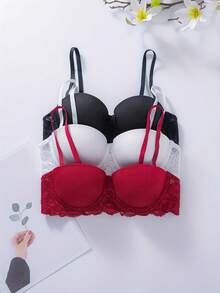 3pcs/Set Women's Lace Trim Push-Up Underwire Bra - Sexy Padded Lift Bra - Multicolor - View 1