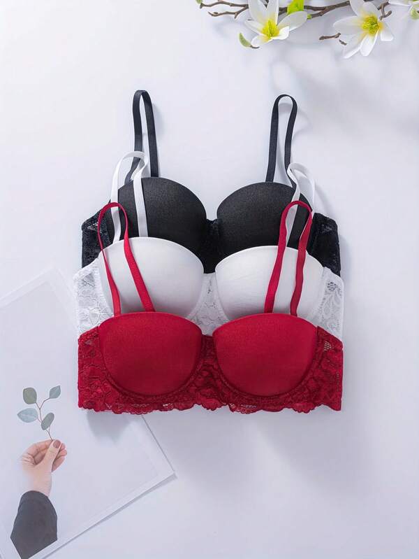 3pcs/Set Women's Lace Trim Push-Up Underwire Bra - Sexy Padded Lift Bra