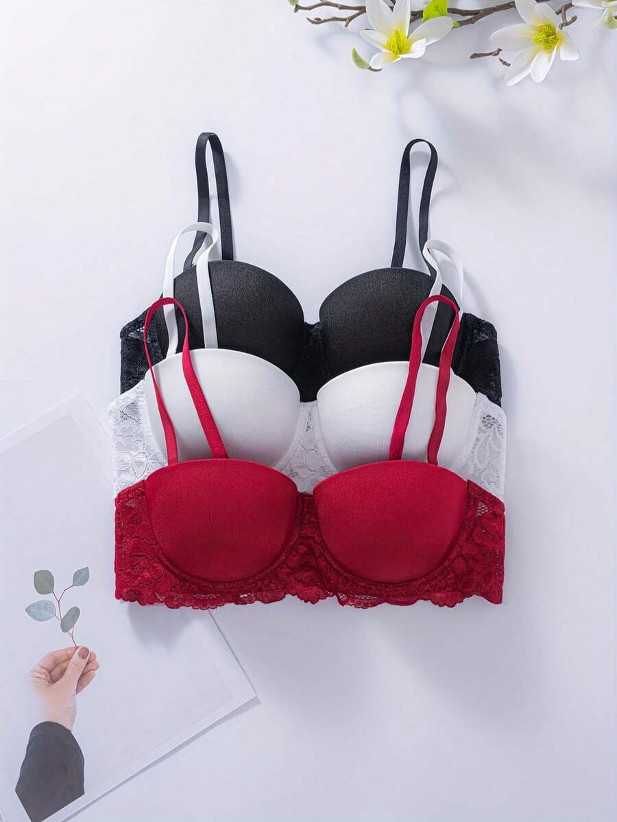 3pcs/Set Women's Lace Trim Push-Up Underwire Bra - Sexy Padded Lift Bra - Multicolor - View 1