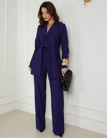 Premium Women's Double Blazer And Pants Set - Navy Blue - View 1