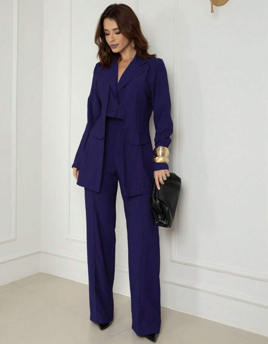 Premium Women's Double Blazer And Pants Set - Navy Blue - View 1