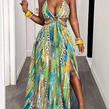 BamGlam Women's Zebra Print Color Block Hollow Out Tie-Up Dress, Suitable For Dates And Parties - Amarillo claro - Ver 11