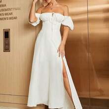 Puff Sleeve Tie Front Off Shoulder Slit Thigh Dress White Elegant Summer - Marrón - Ver 9