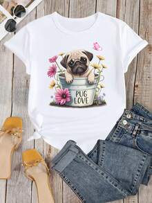 1 pieza de camiseta con estampado divertido de pug y flores, camiseta para amantes de los pugs, 180g 100% algodón - Negro - Ver 8