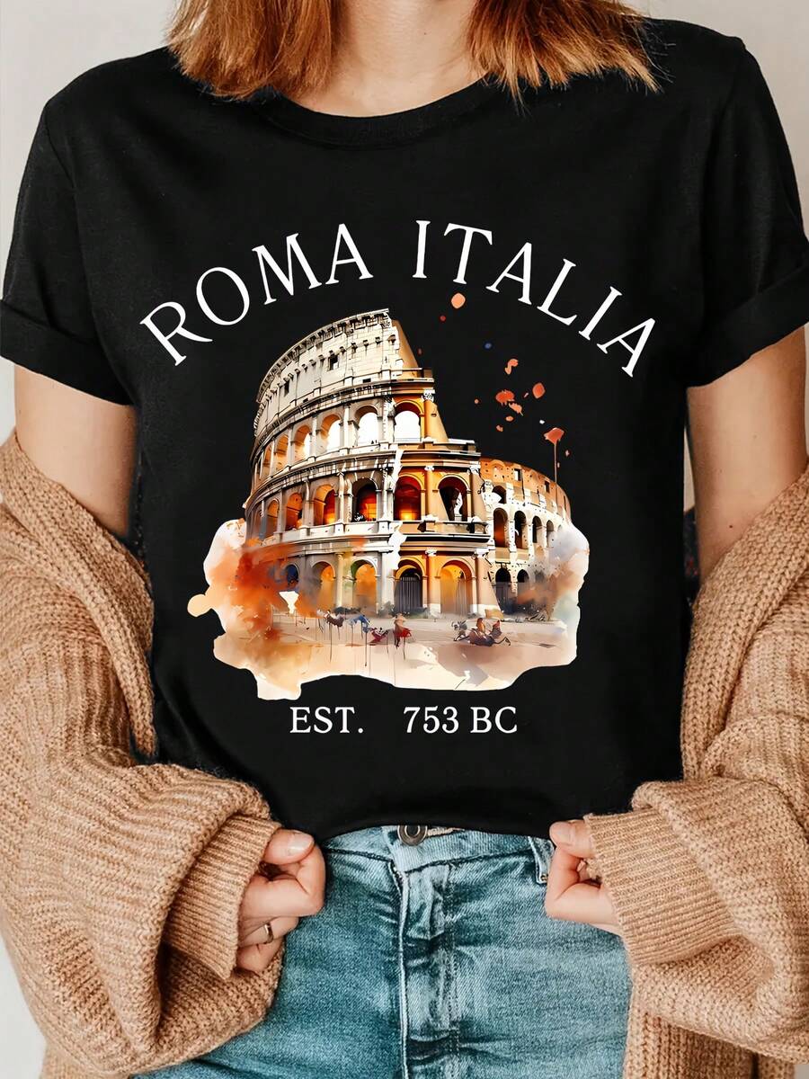 Camiseta con estampado de la Roma italiana, camiseta del Coliseo de Roma - Negro - Ver 1