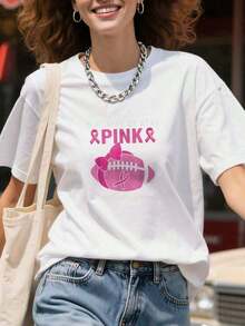 Camiseta de manga corta "En octubre usamos rosa" para la concientización sobre el cáncer de mama, camiseta casual para mujer, 100% algodón. - Blanco - Ver 6