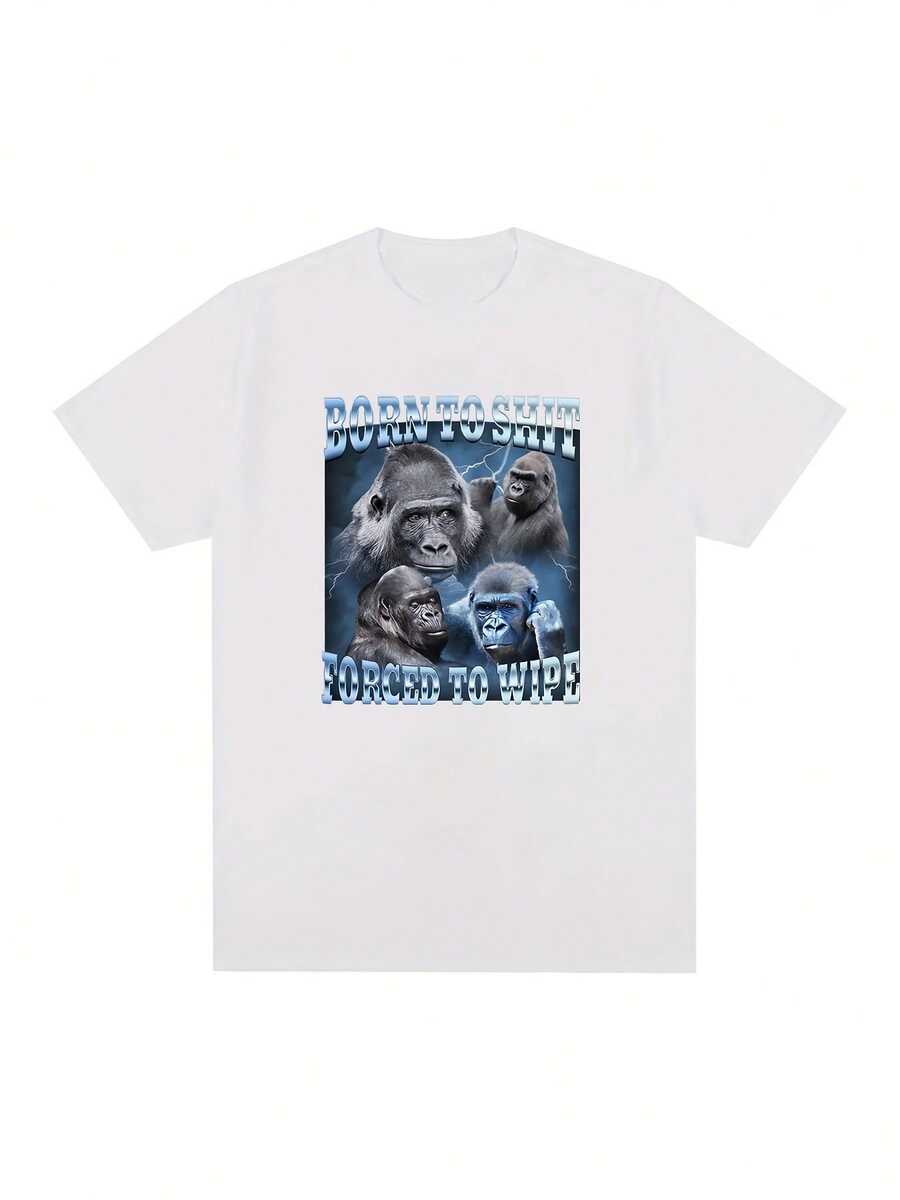 Men's Plus Size Anime T-Shirt Born To Forced To Wipe Funny Gorilla Graphic T-Shirt Fashion Short Sleeve T-Shirt Casual Men's Plus Size T-Shirts - 白色 - 查看 1