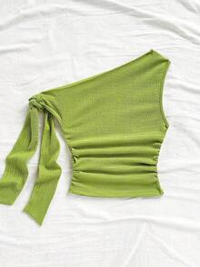 Top ligero de mujer con cuello asimétrico y tirantes de lazo, adecuado para fiesta, vacaciones, festival de música, estilo bohemio, cita de vacaciones, té de la tarde, top corto verde, elegante, campestre, chic, salir, tops para mujeres, Halloween, otoño, blusas casuales para mujer, fiesta - Verde - Ver 2