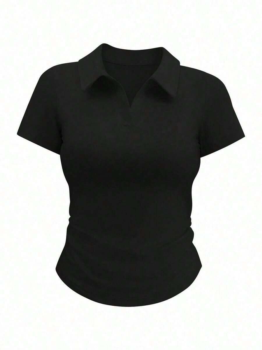 Camiseta de manga corta minimalista de unicolor para mujer, uso casual de todos los días - Negro - Ver 1