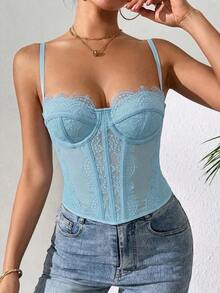 1 pieza Parte superior corta ajustada con adorno de encaje para mujer, top corset ajustado y sexy, adecuado para fiesta, viaje, reunión, Navidad, San Valentín, verano casual negro - Celeste - Ver 7