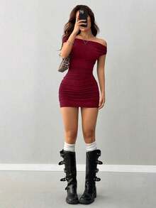 Vestido mini con hombros descubiertos y volantes, sexy - Burdeos - Ver 4