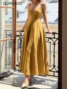 Vestido midi elegante de mujer con cuello en V, vestido de tirantes de mezcla de lino con corte evasé y espalda descubierta, adecuado para vacaciones, playa, boda, fiesta de cóctel - Amarillo - Ver 1