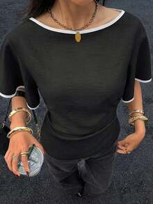 Camisa casual de mujer con ribete de contraste en la cintura y manga corta, para verano - Negro - Ver 5