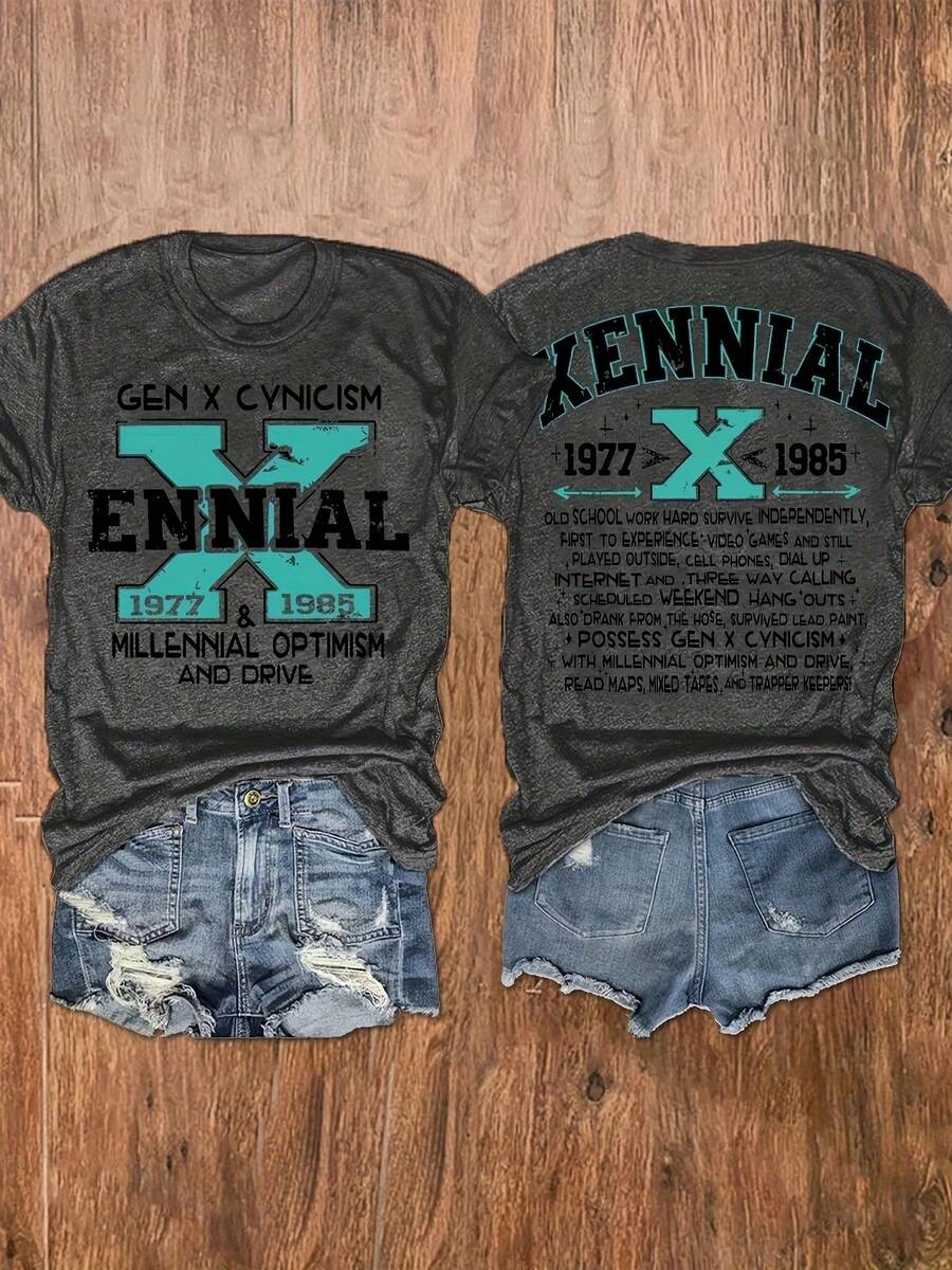 Women's Crew Neck T-Shirt With Fun Letter Print, Casual Short Sleeve Top, Women's Clothing - Breathable And Skin Friendly - 深灰色 - 查看 1