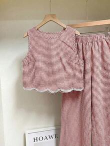 Frenchy Conjunto de 2 piezas de top sin mangas de cuello redondo a cuadros y pantalones para mujer - Marrón - Ver 7