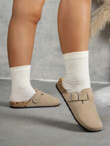 Wide Fit Women Casual Solid Color Suede Slip-On Mule Slippers - Apricot 2 - View 5
