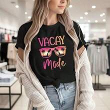 Women's Vacay Mode Graphic Print Cotton T-Shirt, Casual Short Sleeve Crew Neck Top, Basic Summer Beach Vacation Top With Sunglasses And Palm Tree Design, Soft And Breathable Cotton Fabric, Loose Fit Everyday T-Shirt, Essential For Vacation Outfits. Comfortable Pure Cotton Casual T-Shirt With  Sporty Letter Print, Unisex Design For Couples, Y2K Urban Style Suitable For Festival Celebrations, Mother's Day, Father's Day, Independence Day, Birthday Gift For Women. Suitable For Spring, Summer, And Autumn. - 黑色 - 查看 1