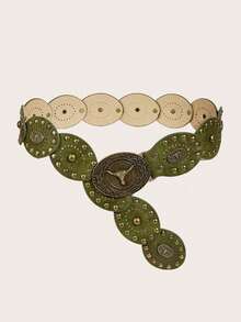 1 pieza Cinturón bohemio verde oliva, cinturón de vaca con hebilla de remache, cinturón de mujer, cinturón de estilo occidental con decoración de remaches, adecuado para vestidos, abrigos y uso diario, fiesta, festival de música - Verde - Ver 10