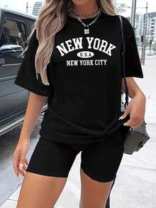 100% Cotton 180g Unisex T-Shirt, New York/Los Angeles Style - Y2K Streetwear Basic Loose Fit T-Shirt - Urban City Top For Couples - Premium Streetwear - 黑色 - 查看 6