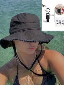 1pc Women's Drawstring Trim Bucket Hat, Adjustable Chin Strap Design, Distressed Finish, Soft Fabric, Sun Protection, Windproof, Fashionable, Suitable For Travel, Beach, Vacation, Casual Daily Use - Multicolor - View 18