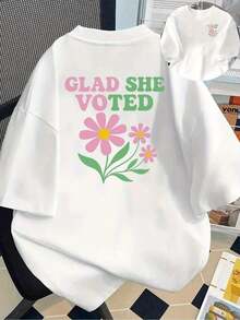 Plus Size Women's Short Sleeve T-Shirt - Casual Basic Loose Fit T-Shirt, Stylish Polyester Tops, Printed Short Sleeve T-Shirt With Front And Back Designs - She Voted, Proud She Voted! - Spring/Summer Printed T-Shirt For Women, Your Best Choice! Breathable And Comfortable - 白色 - 查看 1