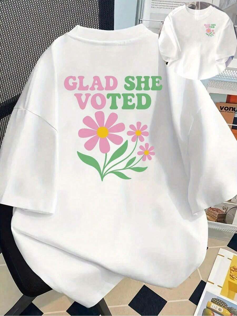 Plus Size Women's Short Sleeve T-Shirt - Casual Basic Loose Fit T-Shirt, Stylish Polyester Tops, Printed Short Sleeve T-Shirt With Front And Back Designs - She Voted, Proud She Voted! - Spring/Summer Printed T-Shirt For Women, Your Best Choice! Breathable And Comfortable - 白色 - 查看 1