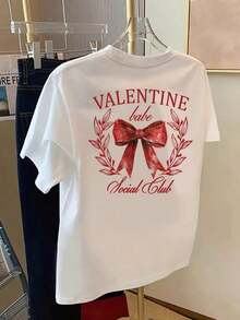 Plus Size T-Shirts For Women - Loose Off Shoulder T-Shirt, Casual Short Sleeve T-Shirts, Short Sleeve Printed T-Shirt With Designs On Front And Back - Valentine's Day, Heart Shaped Bow - Spring/Summer Printed T-Shirt For Women, Fashionable Item, Versatile And Casual, Breathable And Comfortable. - 白色 - 查看 2