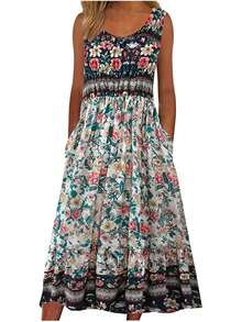 New 2025 Summer! Women's Sleeveless Bohemian Floral Casual MIDI Beach Dress With Flowing Pockets And Loose Fit - 黑色 - 查看 12