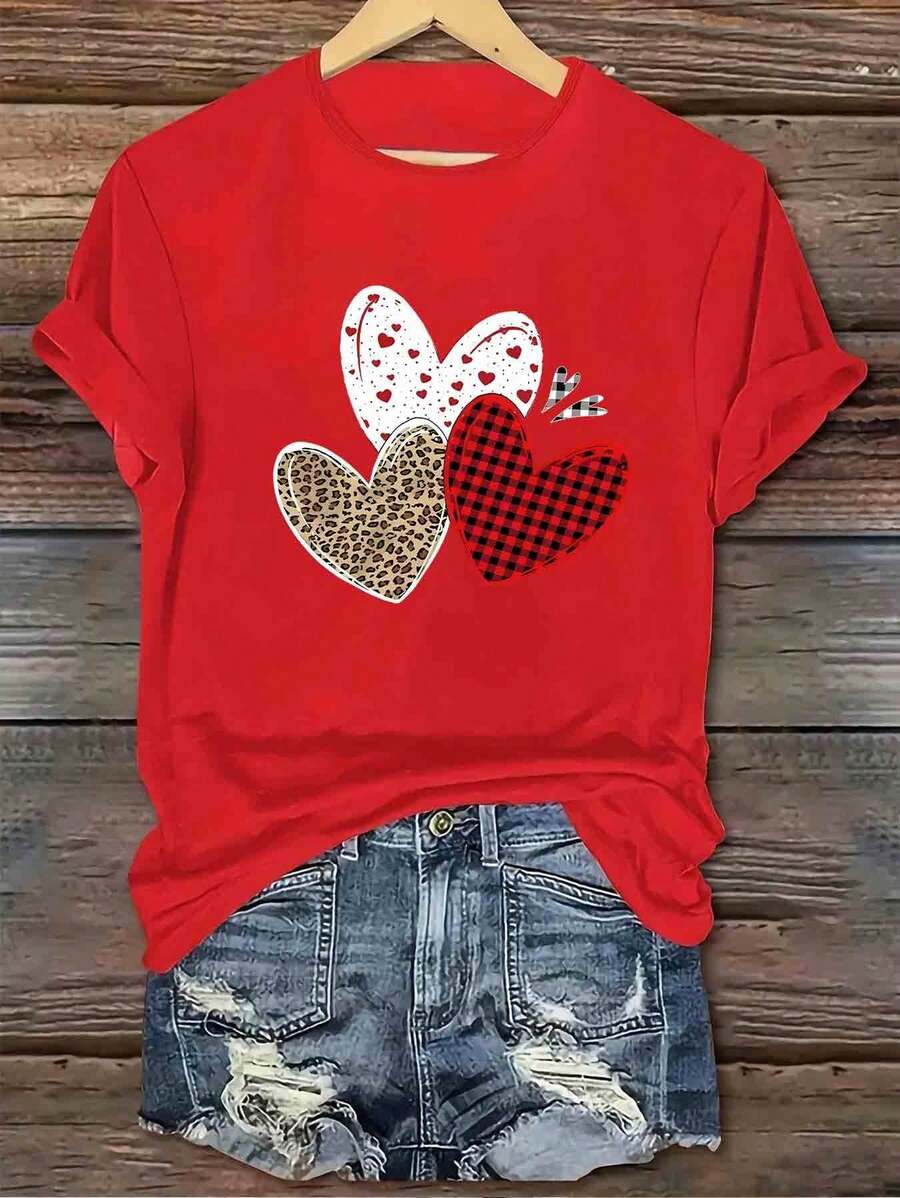 1 Piece Of Clothing With A Heart Print, European And American Style, Polyester Fiber, Machine Washable, Casual Loose Fit, Suitable For Daily Wear, Casual Short-Sleeved T-Shirt With A Round Neck, 100% Cotton. Women's Warm Clothing - 紅色 - 查看 1