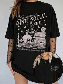 Playera minimalista moderna, camiseta de talla grande con estampado gráfico, manga corta, cuello redondo, top casual para verano y primavera, ropa de talla grande para mujer - Camiseta unisex de algodón suelto, manga corta, cuello redondo, estilo vintage urbano. - Negro - Ver 7