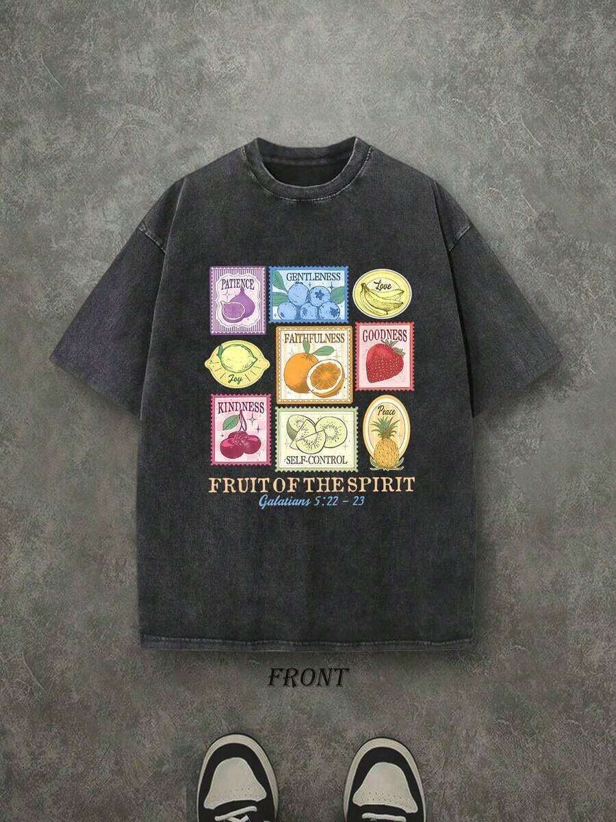 Camiseta Unisex Cristiana "Fruit Of The Spirit", Camiseta con Escritura Bíblica, Camiseta Vintage Retro Lavada con Estampado de una Cara (Camiseta de Algodón Puro de 230 g/m²), Camiseta Cristiana de Alta Calidad, Regalos Cristianos, Camisetas para Hombre y Mujer, Camiseta Cristiana Cómoda y a la Moda, Camiseta de Algodón Puro Estilo Urbano para Otoño. - Negro - Ver 1