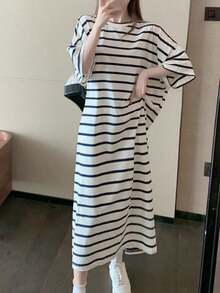 Vestido mediano y largo de mujer Vestido de verano de manga corta estilo coreano con cintura ajustada que adelgaza, cubre el abdomen, ropa de mujer, vestido largo de rayas hasta la rodilla con cinturón tipo camiseta - Blanco - Ver 7