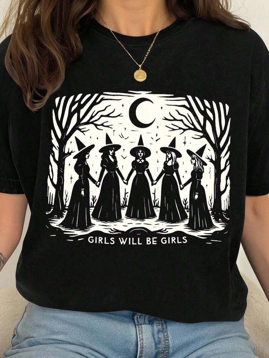 Women's Casual Loose Fit Crew Neck T-Shirt With Witch And Slogan Print, Loose Fit, Casual And Versatile Top, Y2k T-Shirt - 黑色 - 查看 1