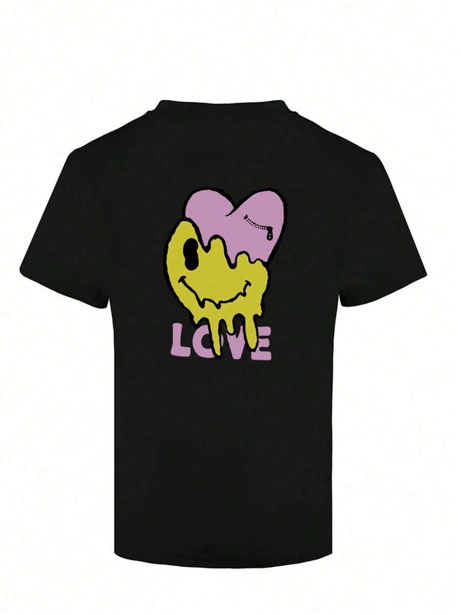 Camiseta de hombros caídos con estampado de letra y dibujos animados - Negro - Ver 1