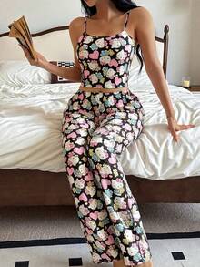 Bộ đồ ngủ nữ Hello Kitty 2 món gồm áo hai dây in họa tiết và quần ống đứng cạp chun dễ thương. - màu đen - Xem 3
