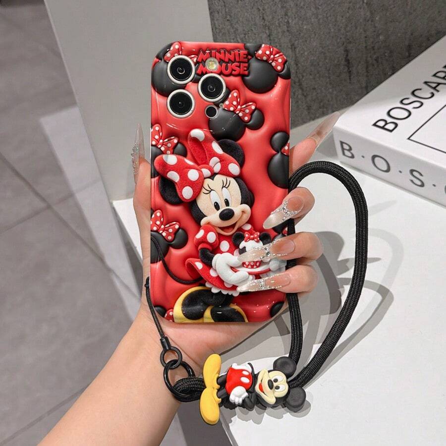 Disney Minnie Mouse Phone Case With Minnie Charm And Lanyard - Cute Minnie Protective Case With Plush 3D Design, Minnie Cupcake, And Red Polka Dot Background, Equipped With Delicate Mickey Decorative Lanyard And Beaded Bracelet For Easy Carrying, Compatible With IPhone 17, 16, 15, 14, 13, 12, 11 Pro Series, Ideal For Birthdays, Holidays, Anniversaries, Graduation Gifts, Or Any Special Occasion To Surprise Family, Friends, Classmates, And Loved Ones. - White - View 1