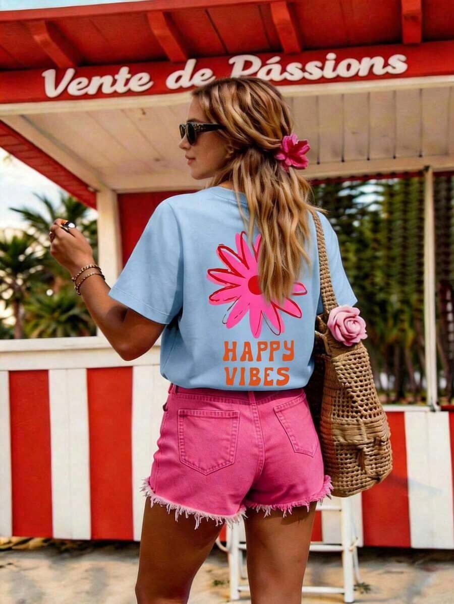 DrmWander Camiseta de mujer, camiseta de manga corta con gráfico de estilo casual de calle, top de verano lindo - Azul - Ver 1