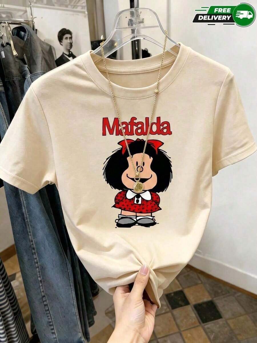 Camiseta de mujer 100% algodón con estampado temático de Mafalda. Diseño clásico minimalista de cuello redondo, fácil de combinar y adecuado para todas las formas de cuerpo. Perfecto para citas, desplazamientos diarios y salidas informales. - Beis - Ver 1