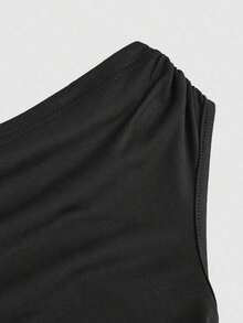 Vestido mini de unicolor con cuello asimétrico elegante para uso diario para mujer - Negro - Ver 3