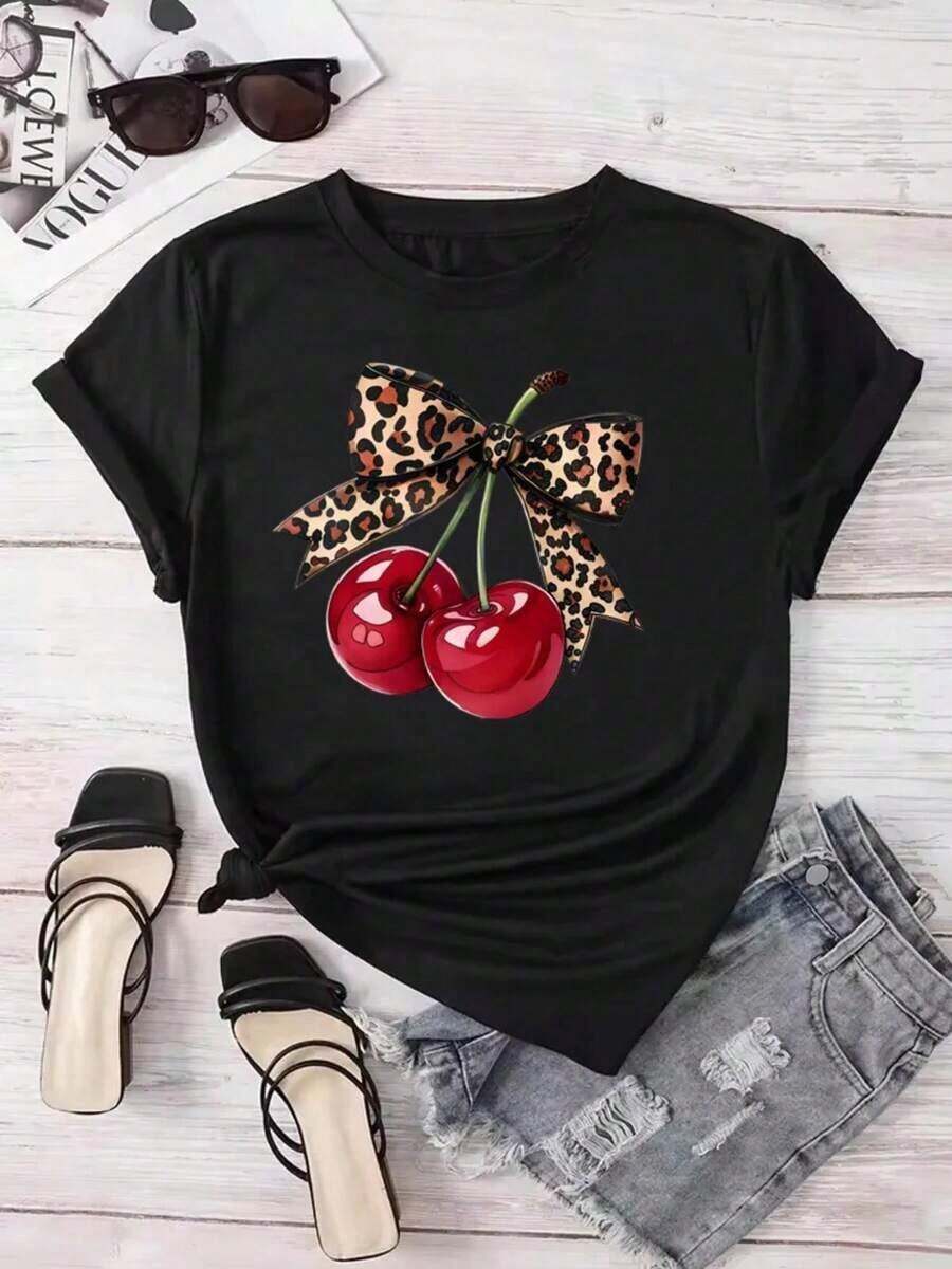 Camiseta de Mujer con Estampado de Cerezas, Manga Corta, Cuello Redondo, Estilo Casual para Primavera y Verano, Ropa de Mujer, Camisetas, El Mejor Regalo, Camiseta Estampada de Manga Corta - Negro - Ver 1