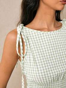 Blusa de cuadros verdes con cuello redondo, cintura con lazo y volantes en el bajo, hombros con lazo, para verano, tops de mujer, tops de verano, tops de concierto, tops de playa, tops con volantes, tops con lazo delantero, tops bohemios, tops de - Verde - Ver 4