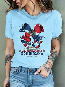 Women's Short Sleeve T-Shirt With Butterfly Print, A Patriotic Memorial Gift, A Birthday Gift - Spring/Summer Casual - Women's T-Shirt - 藍天 - 查看 6