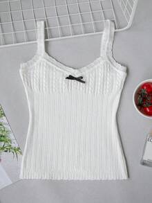 Bộ 2 món áo hai dây dệt kim + áo khoác cardigan ngắn cho nữ, kiểu dáng dễ thương ngọt ngào như nàng tiên, áo cardigan dệt kim dài tay màu trắng, áo hai dây dệt kim thắt nơ, trang phục layering ôm sát dáng người nhỏ nhắn với họa tiết rỗng. - trắng - Xem 9