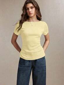 llegado de primavera/verano Camiseta de cuello barco en marfil, diseño de ribete en contraste negro, tejido texturizado, lazo de cintura ajustable, versátil para oficina, viajes, negocios, eventos sociales, formales, Día de la Madre, fiestas - Amarillo - Ver 2