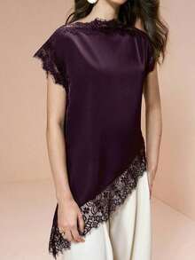 Blusa de mujer , de tela de piqué con lunares en blanco y negro, con empalme de encaje de unicolor y bajo asimétrico, elegante para citas y atuendos de verano - Morado - Ver 6